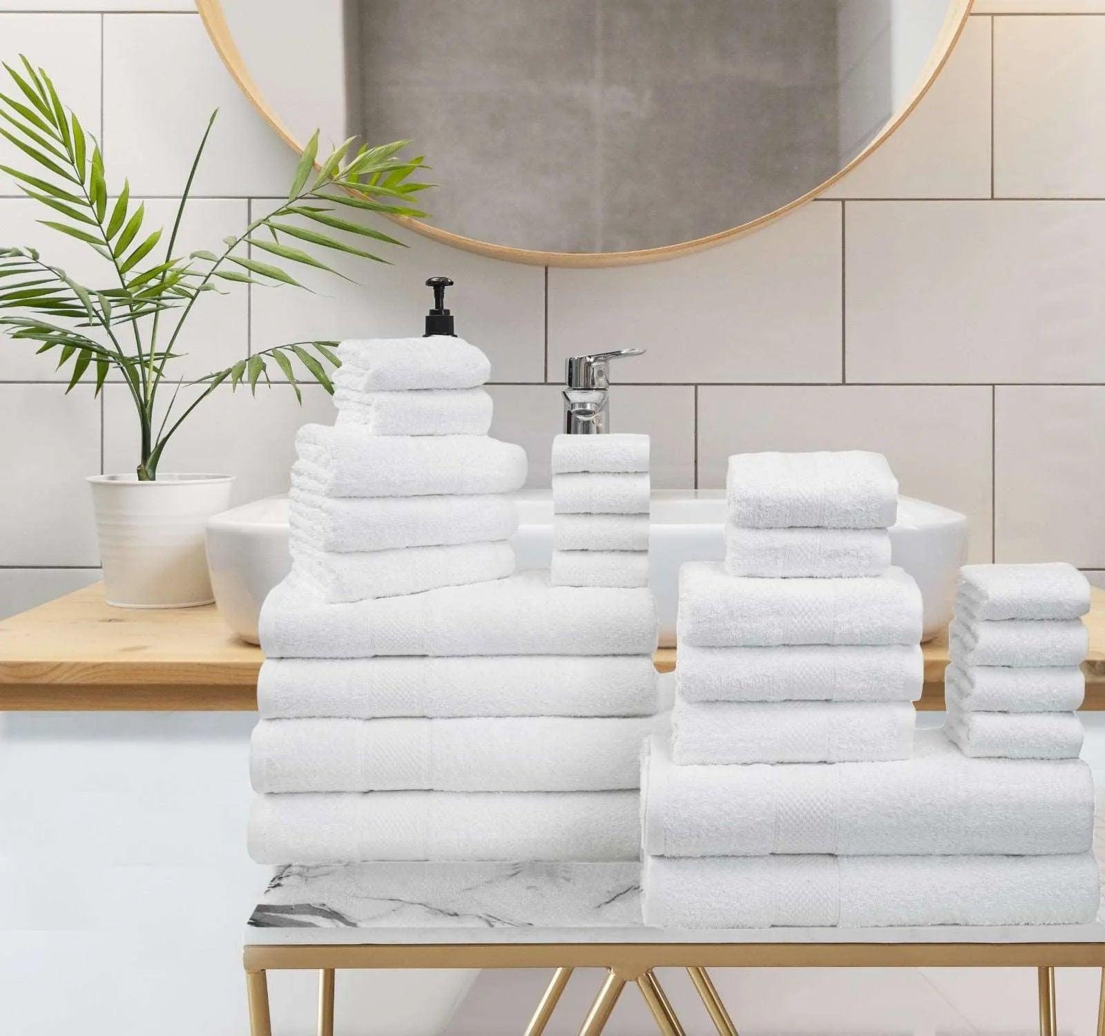 White Premium 550 GSM 24 Piece Towel Set 2 Bath Sheets 4 Bath Towels 6 Hand Towels 4 Tip Towels 8 Wash Cloths Made in Canada Delight Home Solutions