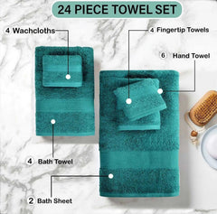 Teal Premium 550 GSM 24 Piece Towel Set- 2 Bath Sheets, 4 Bath Towels, 6 Hand Towels, 4 Tip Towels, 8 Wash Cloths || Made in Canada - Delight Home Solutions