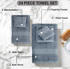 Ice Blue Premium 550 GSM 24 Piece Towel Set- 2 Bath Sheets, 4 Bath Towels, 6 Hand Towels, 4 Tip Towels, 8 Wash Cloths || Made in Canada - Delight Home Solutions